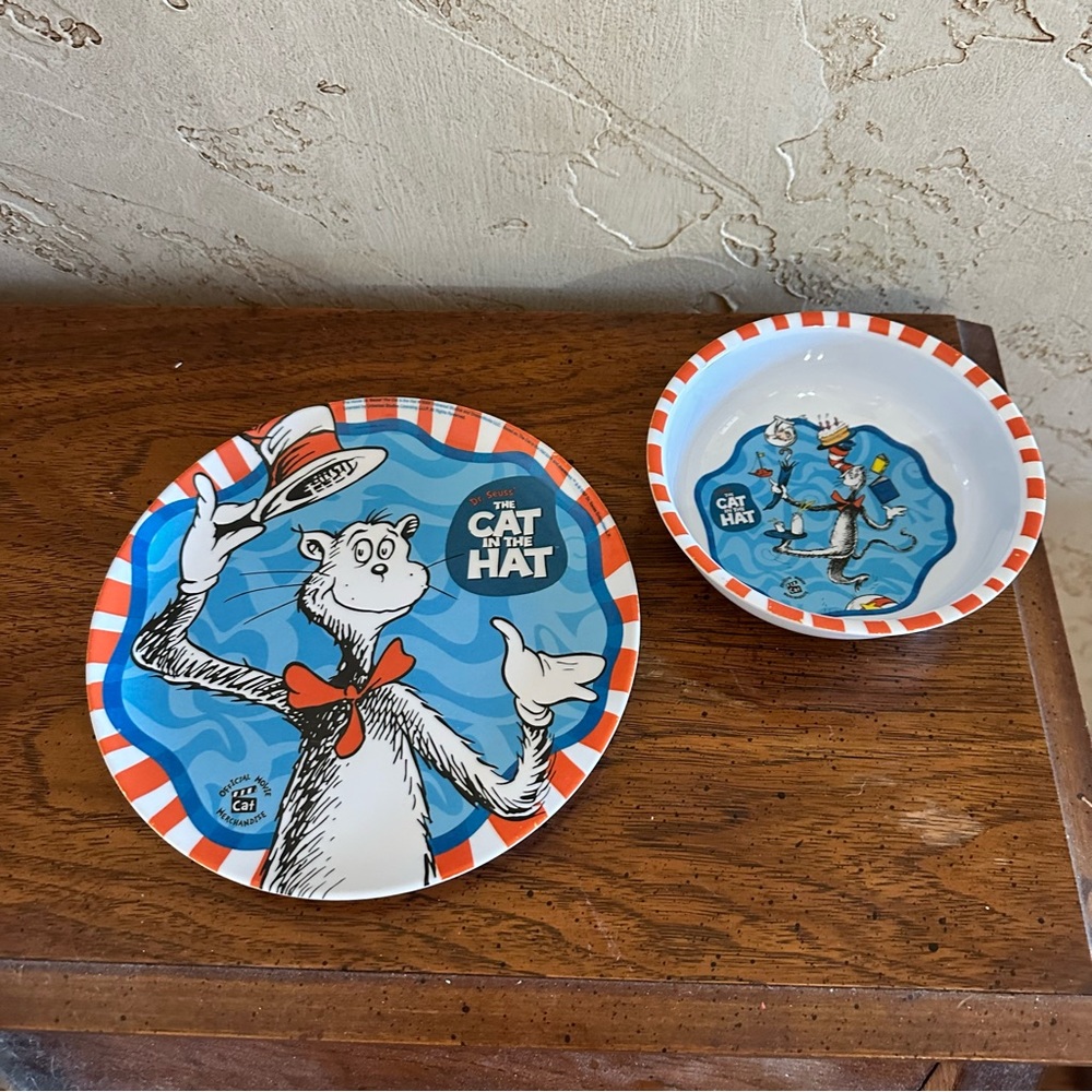 Dr Seuss Cat in the Hat Plastic Plate & Bowl Set Official Cat Movie Merchandise